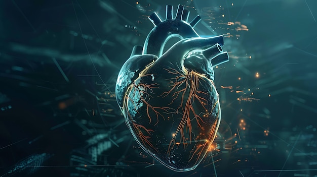 Renderização 3D de um coração azul e laranja brilhante O coração é feito de uma rede de minúsculos vasos sanguíneos