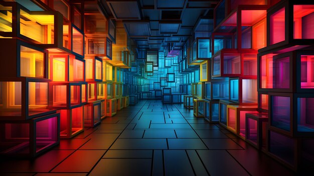 Foto renderização 3d de um corredor futurista com cubos coloridos ao fundo