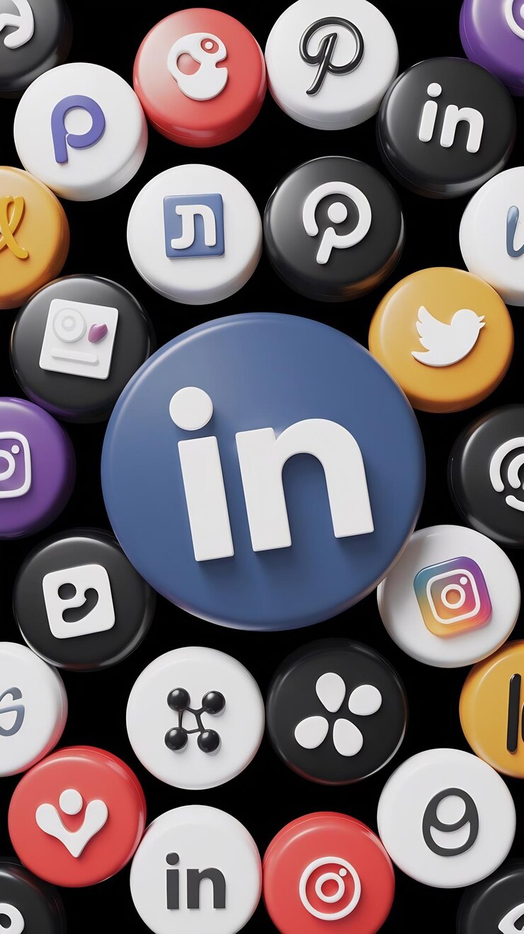Foto renderização 3d de um crachá do linkedin cercado por crachás das redes sociais mais importantes