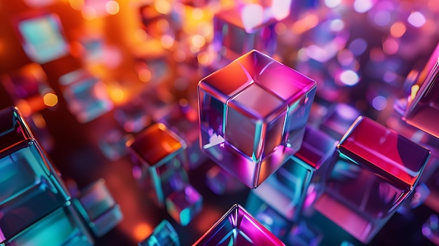 Renderização 3D de um cubo de vidro colorido O cubo está em foco e há muitos cubos desfocados no fundo