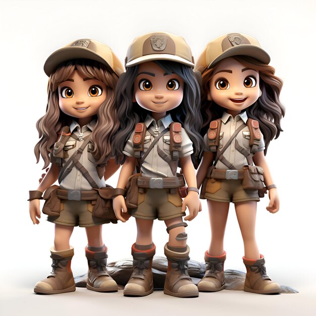 Foto renderização 3d de um cute army kids com mochilas em fundo branco