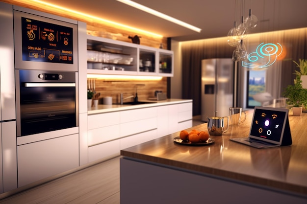 renderização 3D de um design de interiores de cozinha moderna com bancada preta