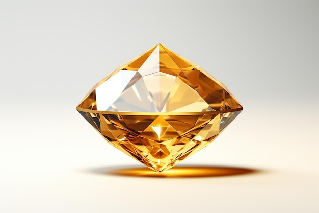 Renderização 3D de um diamante amarelo em um fundo branco com reflexo