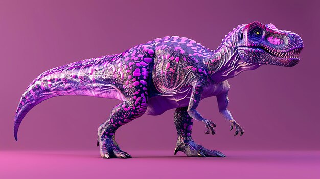 Foto renderização 3d de um dinossauro roxo com sotaques cor-de-rosa e azul