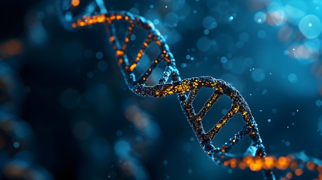 Renderização 3D de um DNA brilhante Conceito de estrutura de genomas moleculares de bioquímica