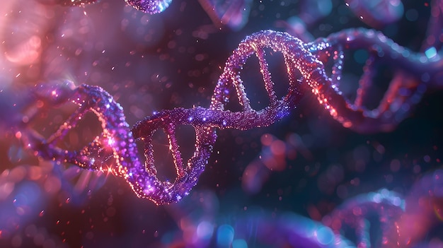Renderização 3D de um DNA brilhante Conceito de estrutura de genomas moleculares de bioquímica