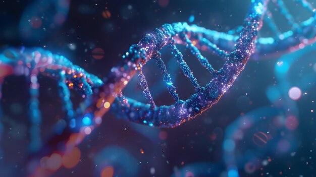 Renderização 3D de um DNA brilhante Conceito de estrutura de genomas moleculares de bioquímica