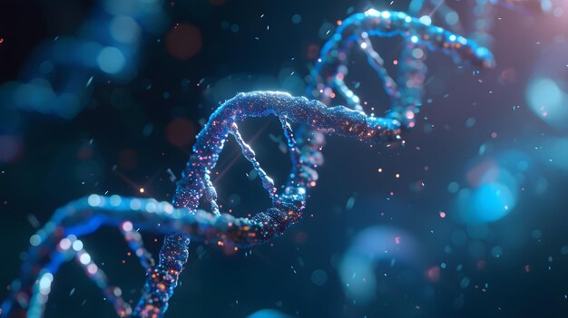 Renderização 3D de um DNA brilhante Conceito de estrutura de genomas moleculares de bioquímica