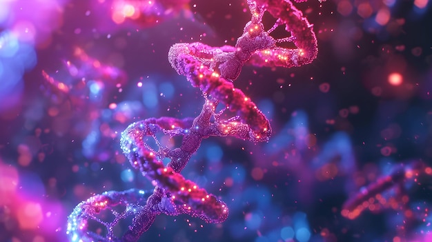 Renderização 3D de um DNA brilhante Conceito de estrutura de genomas moleculares de bioquímica