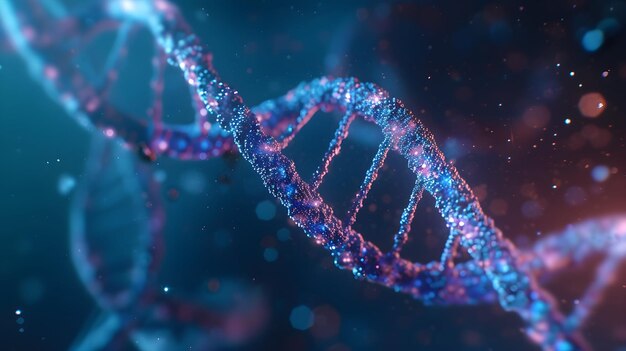 Renderização 3D de um DNA brilhante Conceito de estrutura de genomas moleculares de bioquímica