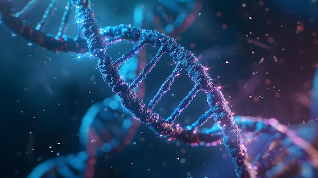 Renderização 3D de um DNA brilhante Conceito de estrutura de genomas moleculares de bioquímica