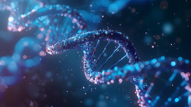 Renderização 3D de um DNA brilhante Conceito de estrutura de genomas moleculares de bioquímica