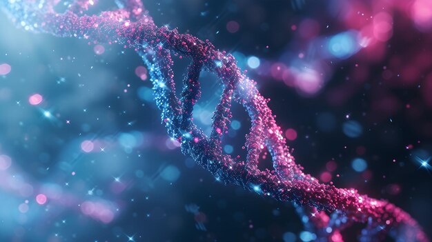 Renderização 3D de um DNA brilhante Conceito de estrutura de genomas moleculares de bioquímica