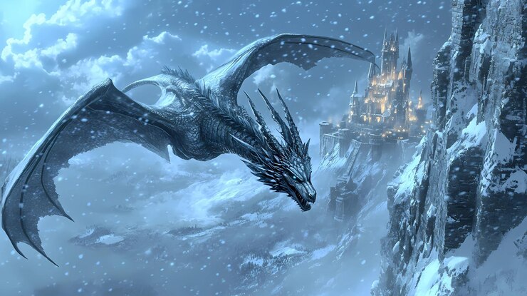 Foto renderização 3d de um dragão de fantasia com um castelo ao fundo