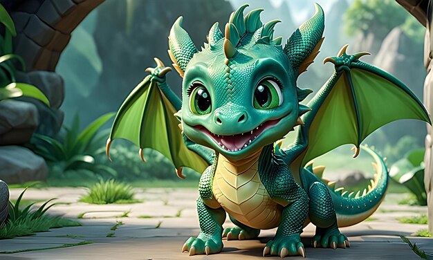 Renderização 3D de um dragão verde na selva Ilustração 3D