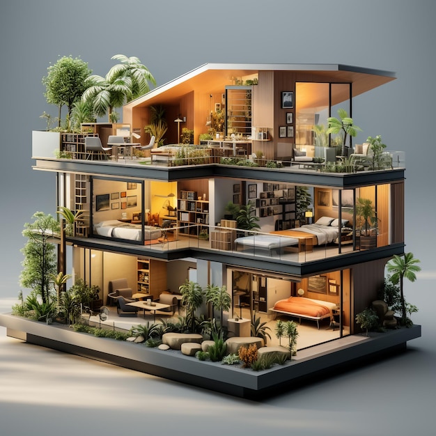 Renderização 3D de um edifício de apartamentos moderno sustentável com planos