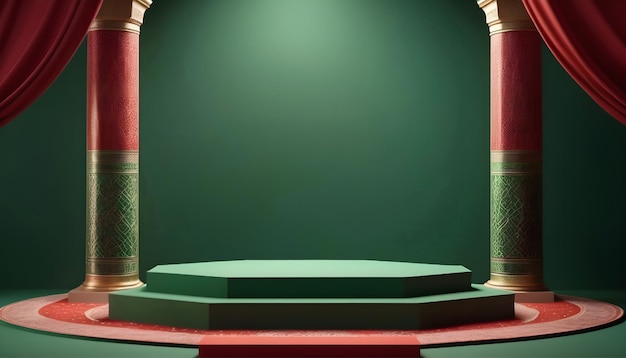 Renderização 3D de um elegante pódio de exibição de produtos vermelho e verde