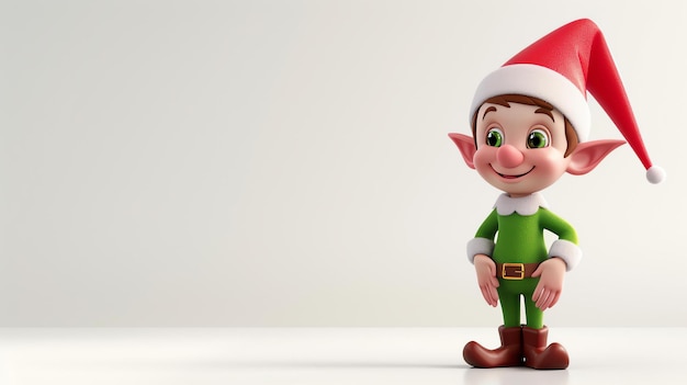 Renderização 3D de um elfo de Natal bonito O elfo está vestindo um terno vermelho e verde e um chapéu vermelho com um pompom branco