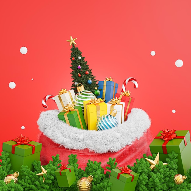 Renderização 3D de um fundo de natal com um saco cheio de caixas de presente