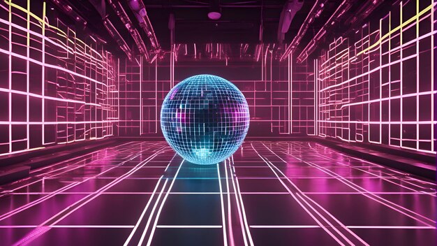 Renderização 3D de um fundo futurista com uma bola de discoteca no centro