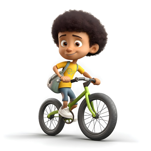 Renderização 3D de um garotinho andando de bicicleta com caminho de recorte