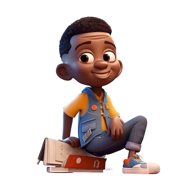 Foto renderização 3d de um garotinho com um laptop e livros