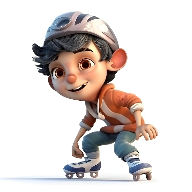 Renderização 3D de um garotinho em patins com capacete