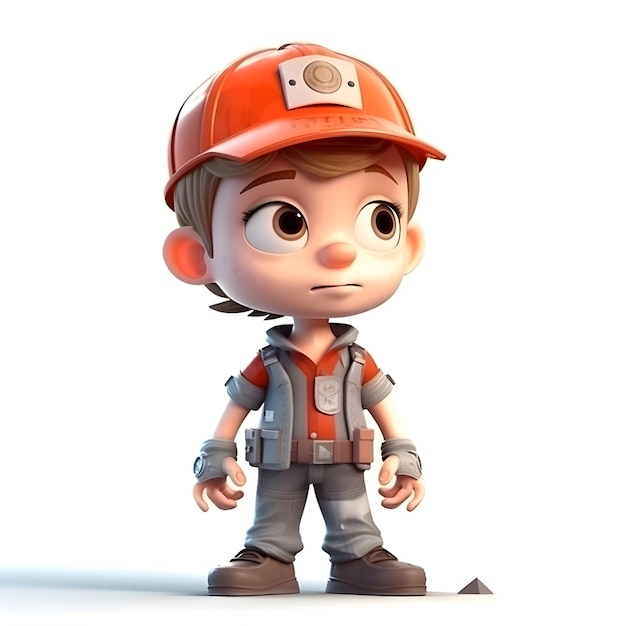 Renderização 3D de um garotinho operário da construção civil com um capacete laranja