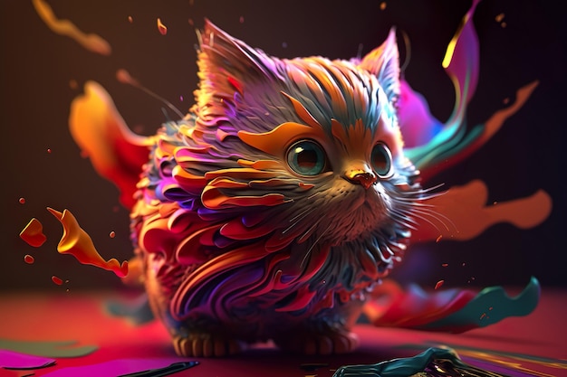 Renderização 3D de um gatinho feito de cera multicolorida, gato fofo, gato, gato com fundo vibrante