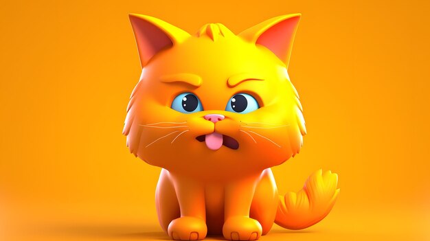 Renderização 3D de um gato laranja zangado com um olhar amuado em um fundo amarelo