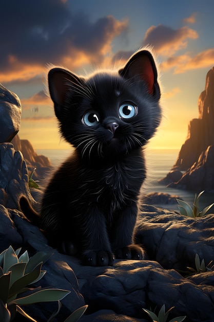 Renderização 3D de um gato preto explorando a praia