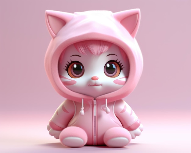 Renderização 3D de um gato rosa vestindo um moletom com capuz