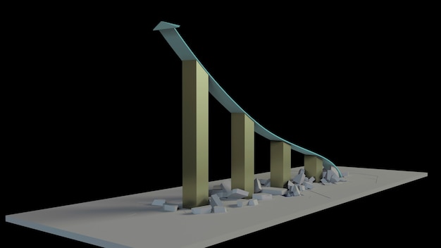 Renderização 3D de um gráfico de crescimento de negócios com uma seta para cima e quebrando barreiras