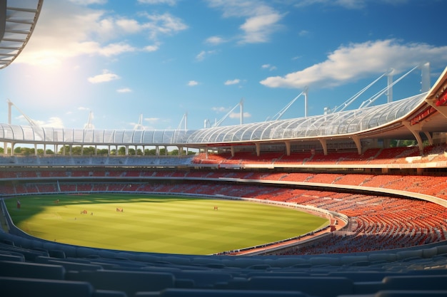 Renderização 3D de um grande estádio de futebol na cidade ao pôr do sol