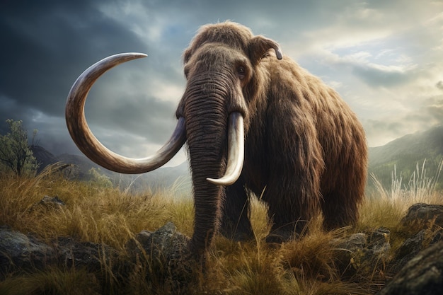 Renderização 3D de um grande mamute lanoso nas montanhas Mamute pré-histórico Gerado por IA