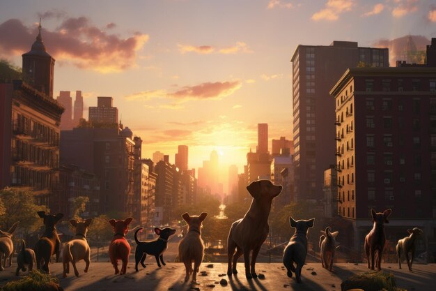 Foto renderização 3d de um grupo de cães na cidade ao pôr-do-sol um grupo de cachorros desfruta de um passeio no pôr- do-sol na cidade com dachshunds e um spaniel ai gerado