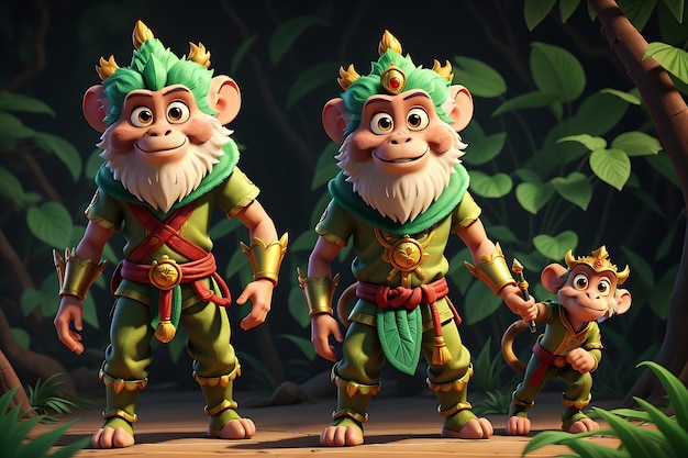 Foto renderização 3d de um grupo de personagens de desenhos animados do rei dos macacos