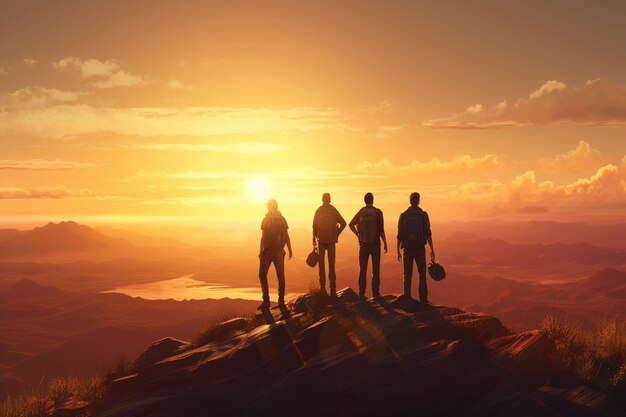 Renderização 3D de um grupo de pessoas em pé no topo de uma montanha