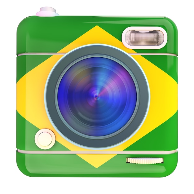 Renderização 3d de um ícone de câmera fotográfica com as cores da bandeira do brasil