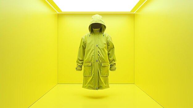 Renderização 3D de um impermeável amarelo flutuando em um vazio amarelo correspondente O impermeável tem um capuz e dois grandes bolsos com botões de aperto