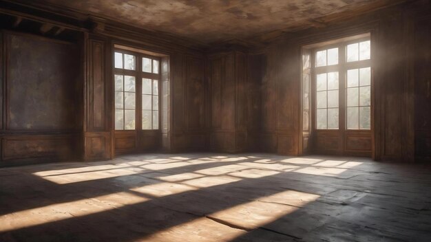 Renderização 3D de um interior grunge com luz solar brilhando da direita e atmosfera fumegante