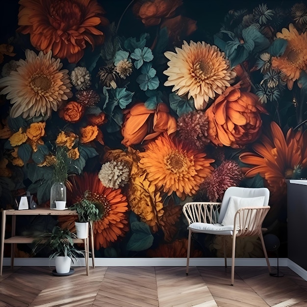 renderização 3D de um interior moderno com uma parede cheia de flores