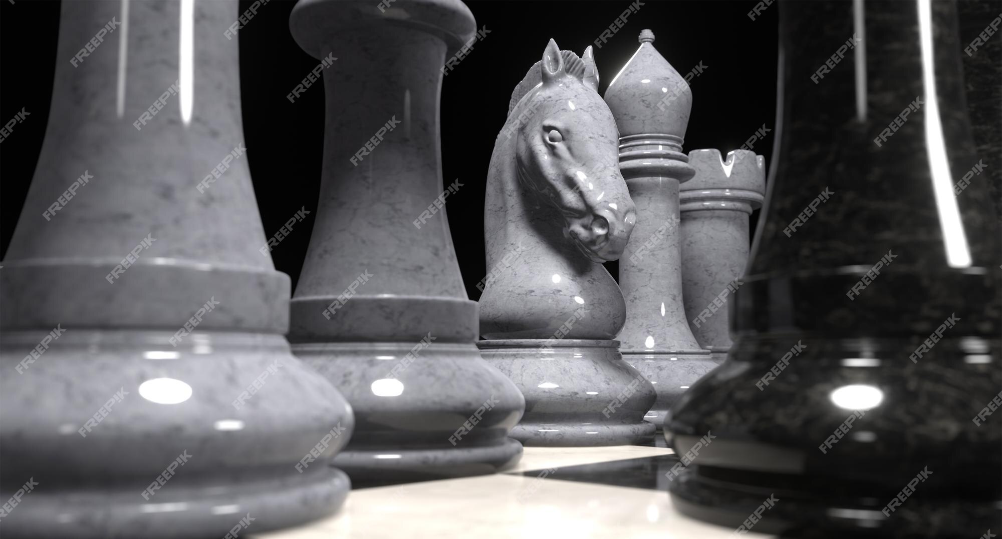 Renderização 3d de um jogo de xadrez peças de mármore em um tabuleiro de  xadrez