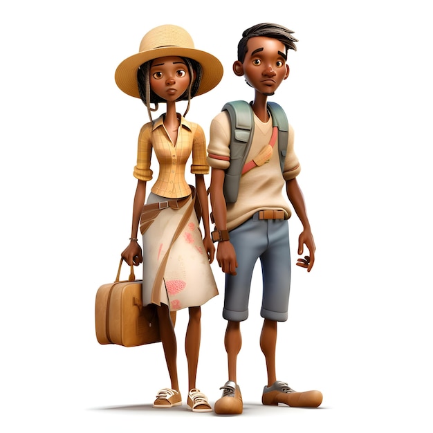Renderização 3D de um jovem rapaz e uma rapariga afro-americanos em férias