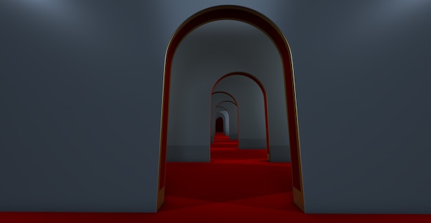 Renderização 3D de um longo túnel com arcos