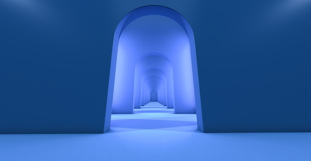 Renderização 3d de um longo túnel com arcos
