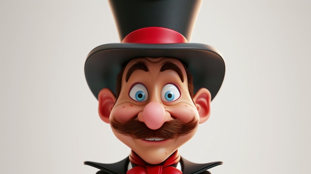 Renderização 3D de um mágico de desenhos animados com um chapéu alto e uma gravata vermelha Ele tem uma expressão de surpresa em seu rosto e está olhando para o espectador