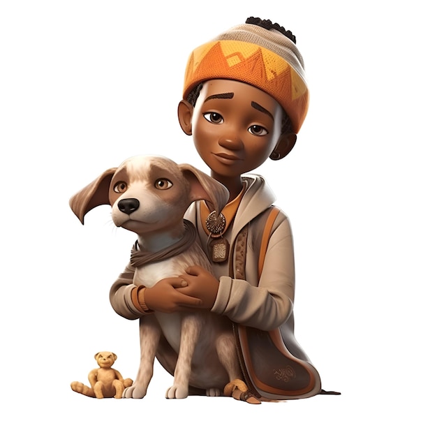 Renderização 3D de um menino afro-americano com um cachorro