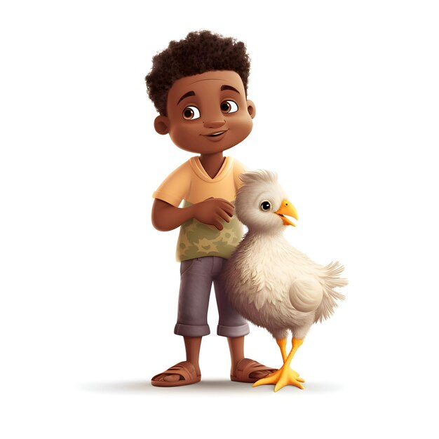 Renderização 3D de um menino afro-americano com um pato bonito