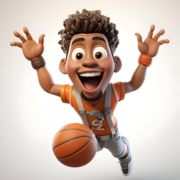 Renderização 3D de um menino afro-americano com uma bola de basquete.